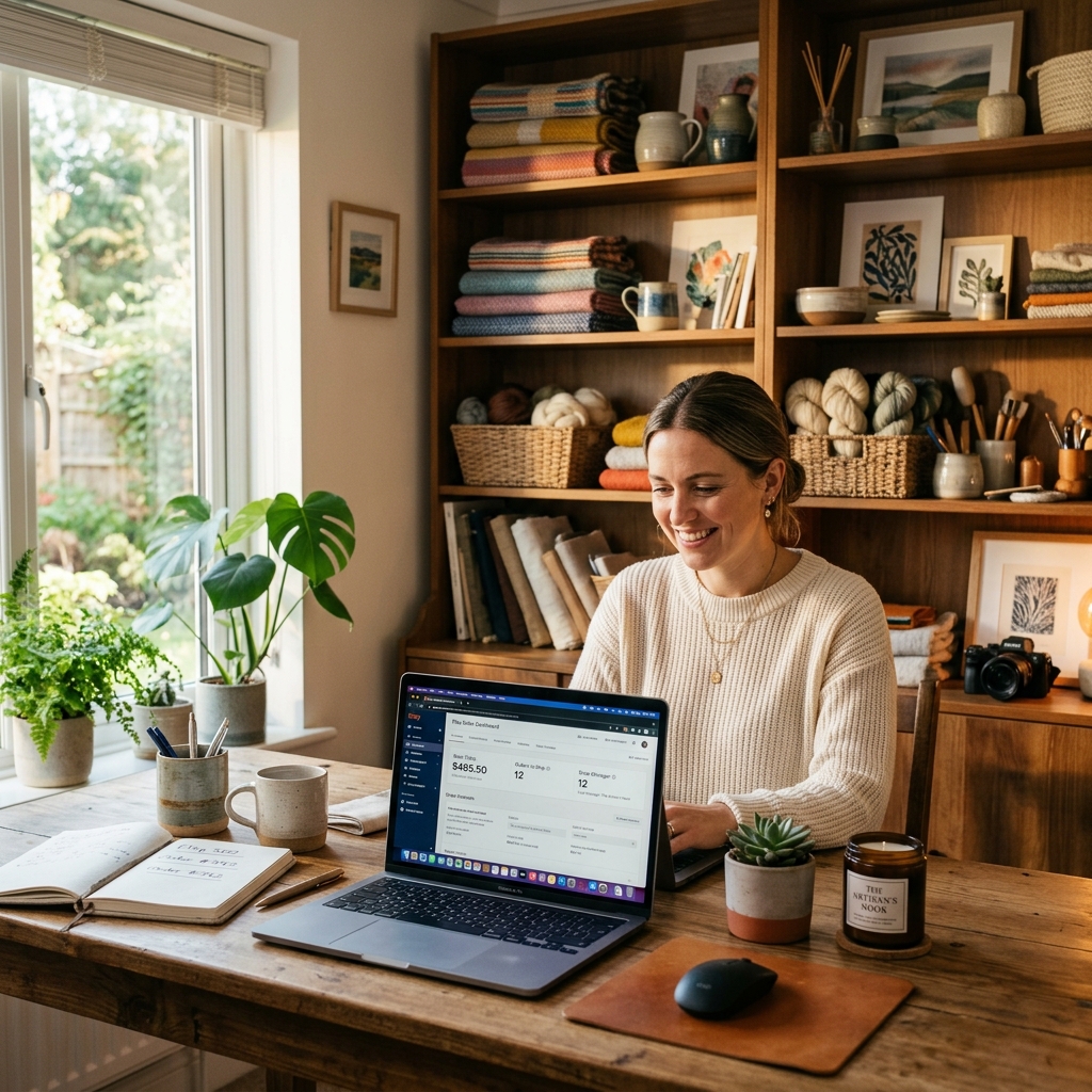 Independent maker reviewing an online shop dashboard in a home studio
